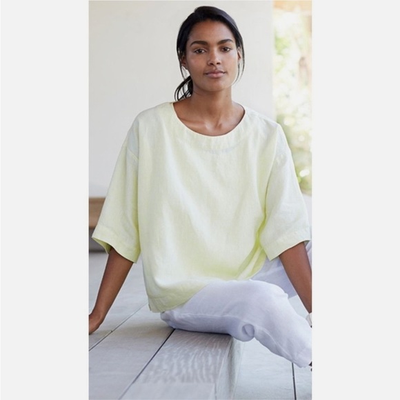 J. Jill Pure Jill 100% Linen Top Butter Yellow Boxy Boatneck Lagenlook Coastal - Picture 1 of 6